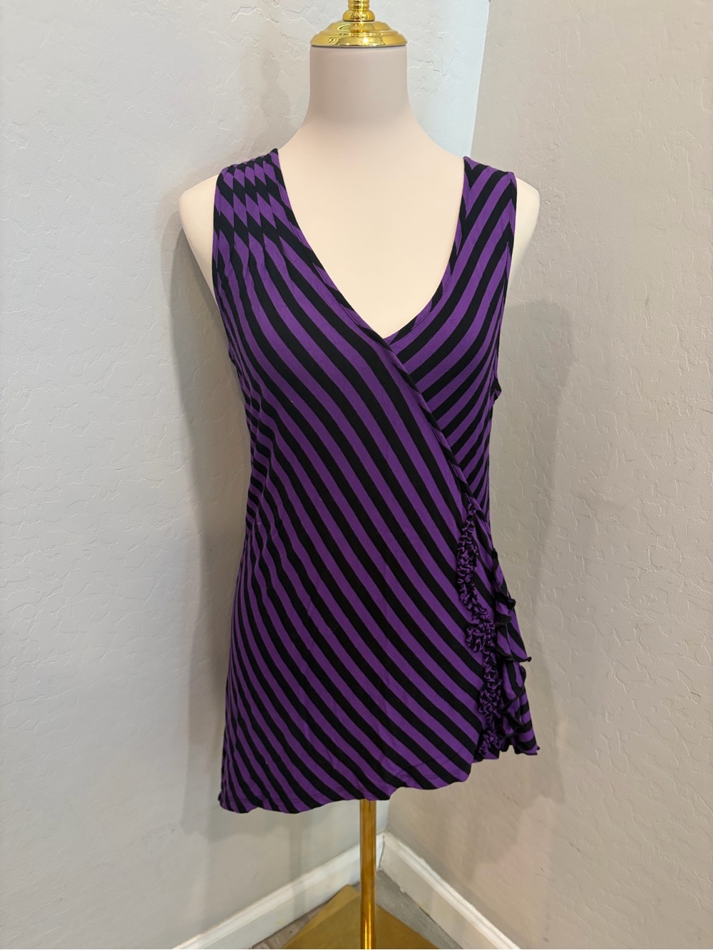 Striped Purple and Black Wrap-Style Sleeveless Tank Top